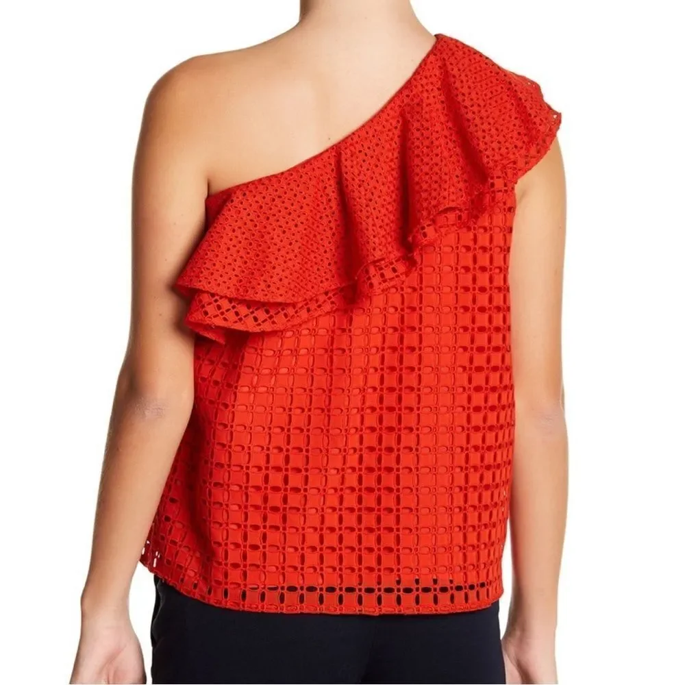 J. Crew One Shoulder Cotton Eyelet Ruffle Red Lined Top 2 Runs Medium 6/8